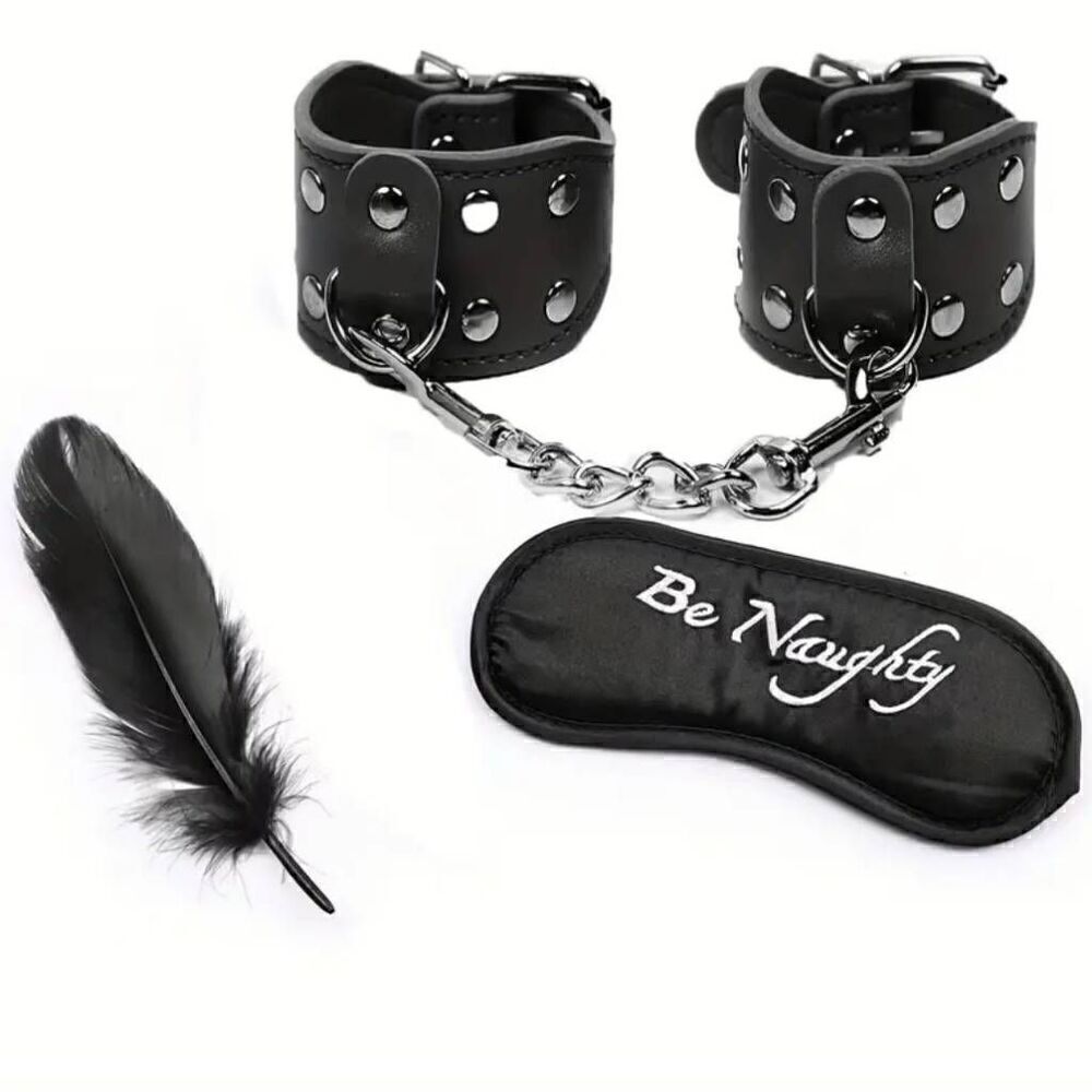 Black Erotic 3 piece Teasing Mask Hand Cuffs Set